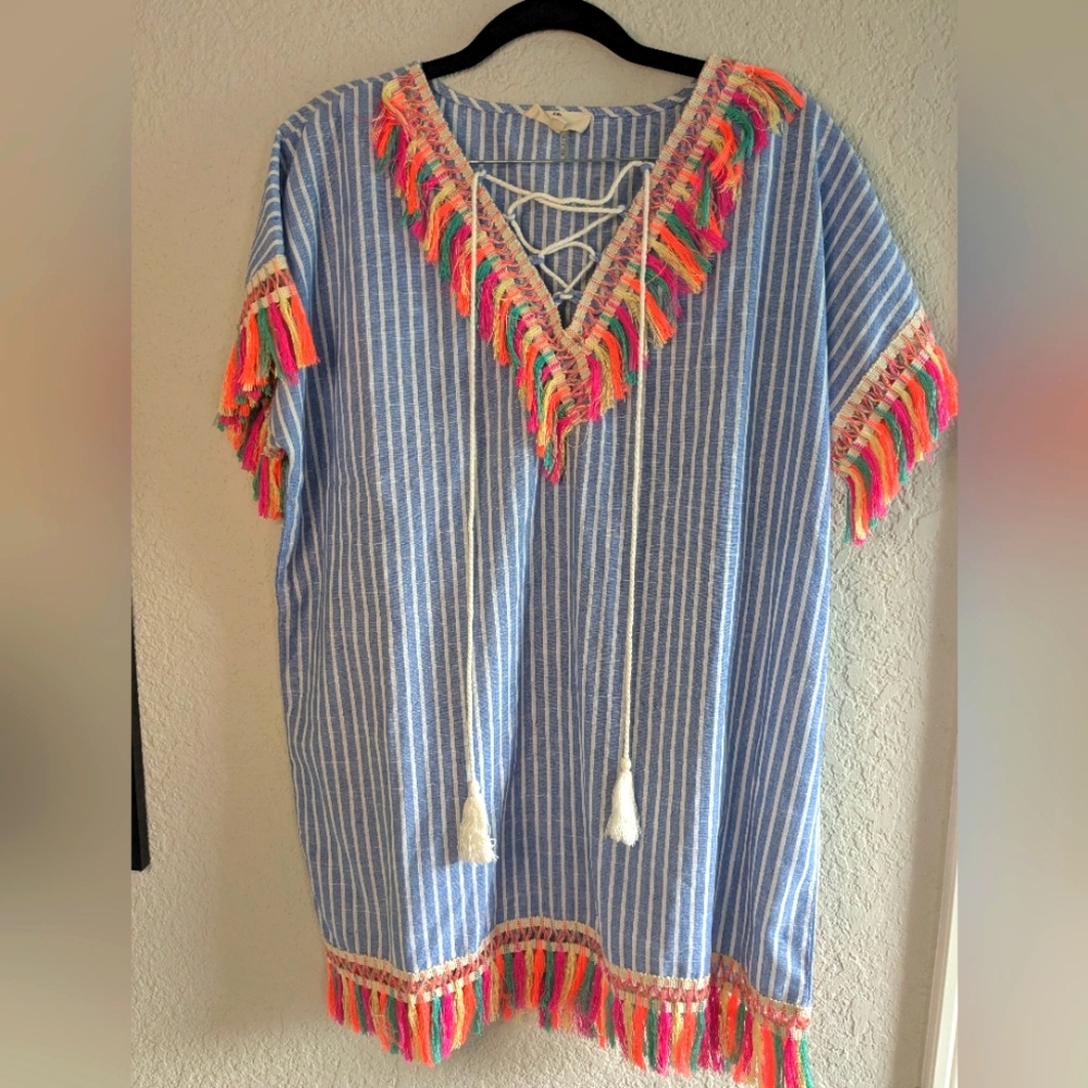 Entro Tassel S Striped Tunic 100% Cotton Woven Short Sleeve Lightweight Vacation